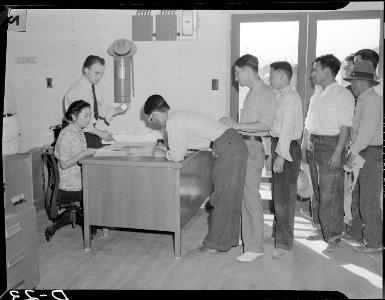 Tule Lake Relocation Center, Newell, California. May Miyamoto, evacuee clerk and Hyrum L. Clark, pr . . . - NARA - 538222