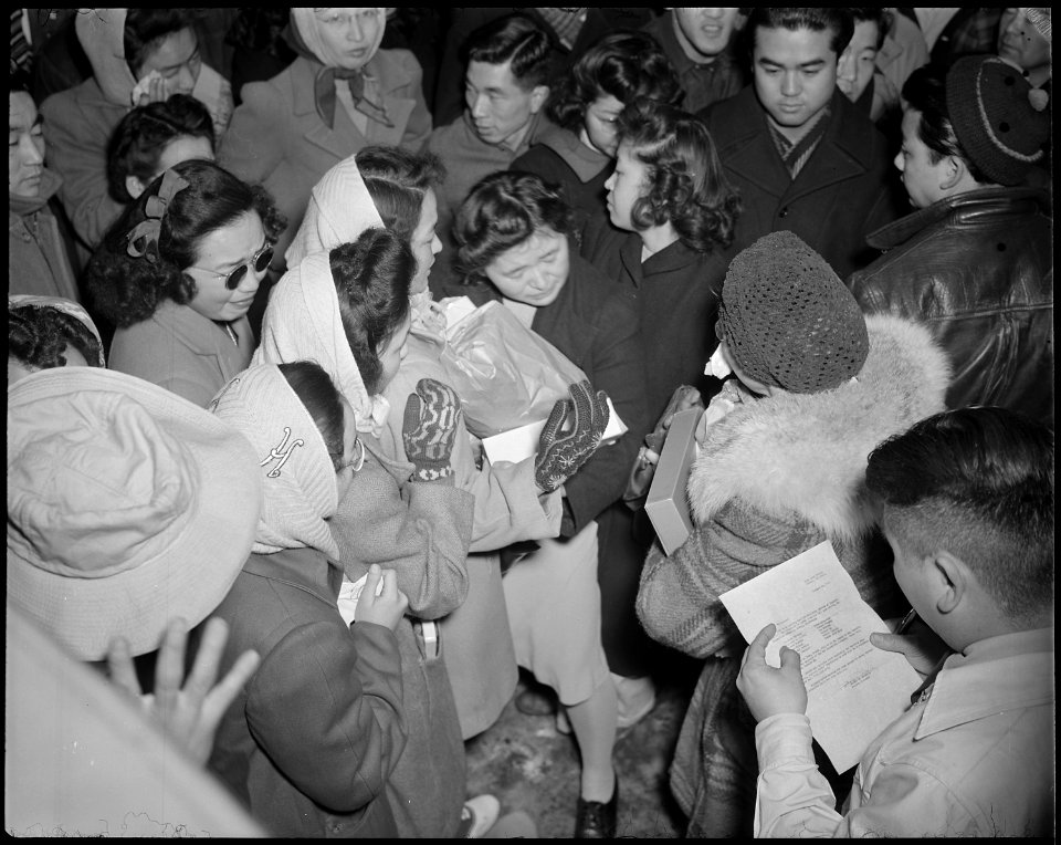 Tule Lake Relocation Center, Newell, California. Mixed emotions are displayed by this group of frie . . . - NARA - 536957