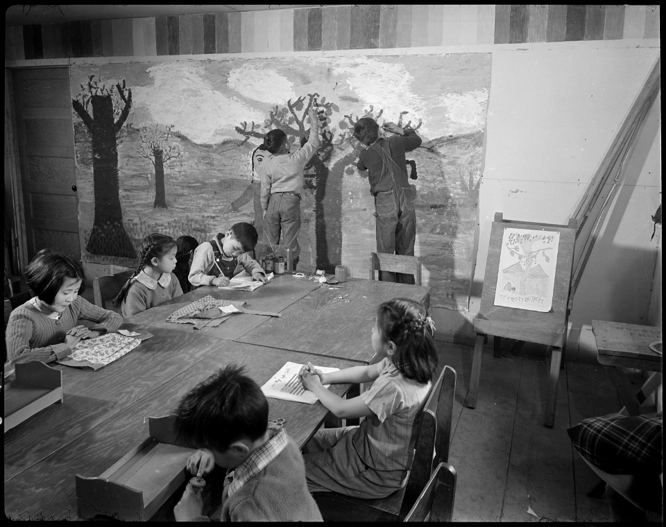 Tule Lake Relocation Center, Newell, California. Pupils in the Activities Class at the Rim Rock s . . . - NARA - 536967
