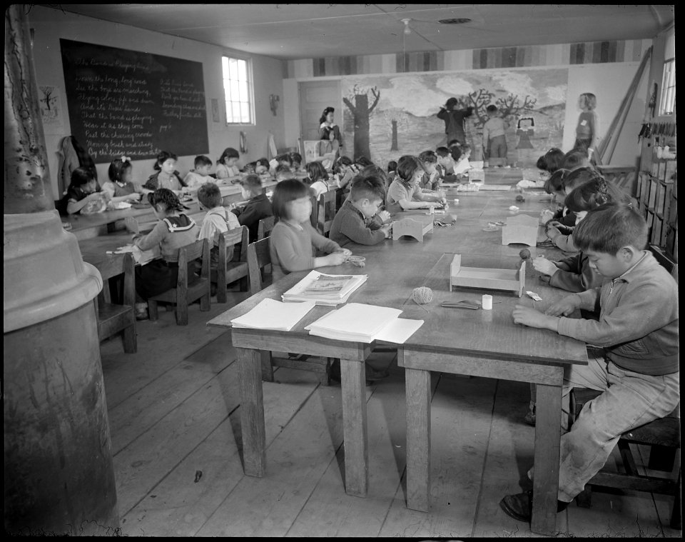 Tule Lake Relocation Center, Newell, California. Pupils in the Activities Class at the Rim Rock s . . . - NARA - 536966