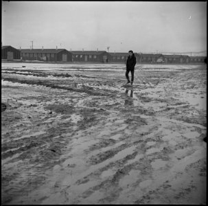 Tule Lake Relocation Center, Newell, California. Thaws turn the streets and firebreaks into seas of . . . - NARA - 536919
