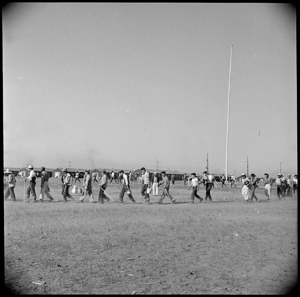 Tule Lake Relocation Center, Newell, California. Volunteer farm workers are shown here returning to . . . - NARA - 538392
