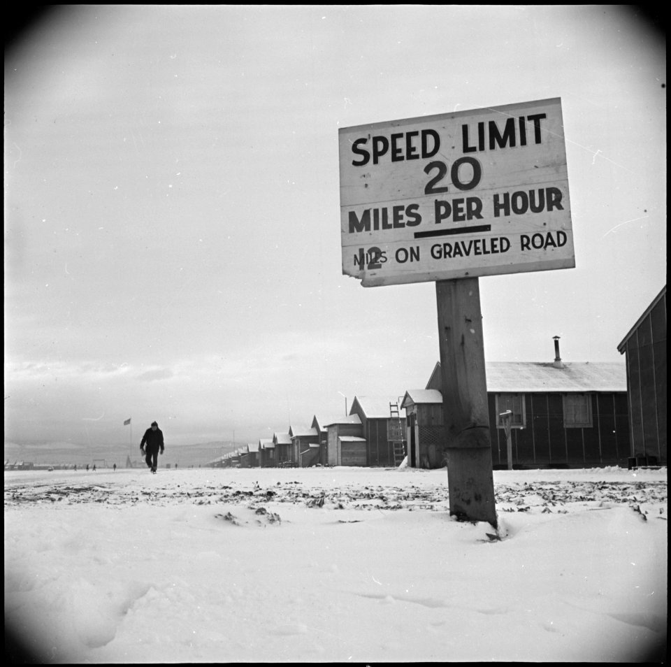 Tule Lake Relocation Center, Newell, California. View of barracks looking east down the main fire break. - NARA - 536688