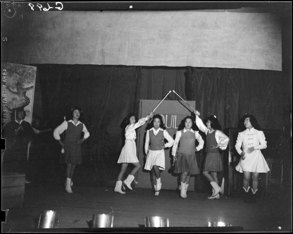 Tule Lake Segregation Center, Newell, California. Majorettes perform in talent show sponsored by Tr . . . - NARA - 539567