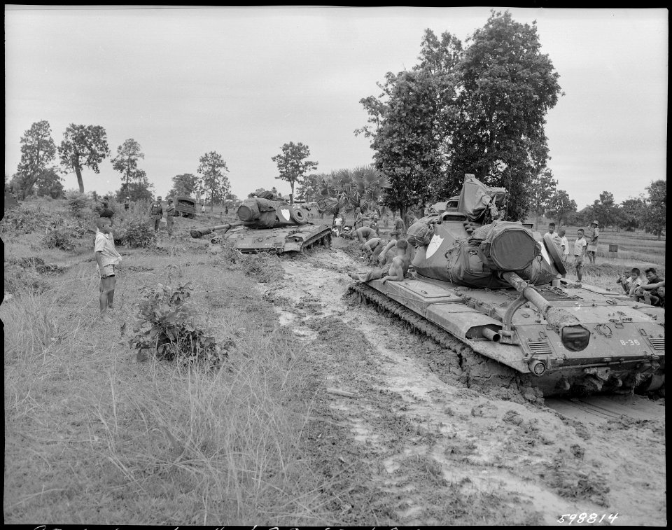 Two M-41tanks, elements of the 4th Cavalry, on a 800 mile cross country reconnaissance mission in northeastern... - NARA - 531438