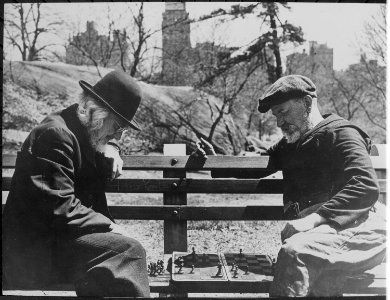 Two oldtimers playing chess on a Central Park bench in New York City, 05-1946 - NARA - 541889