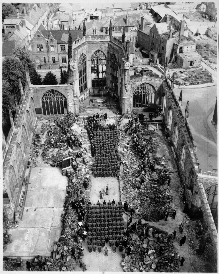 U.S. wounded soldiers attend Mother's Day services in blitzed Coventry Cathedral, England. Men are patients in nearby... - NARA - 531296