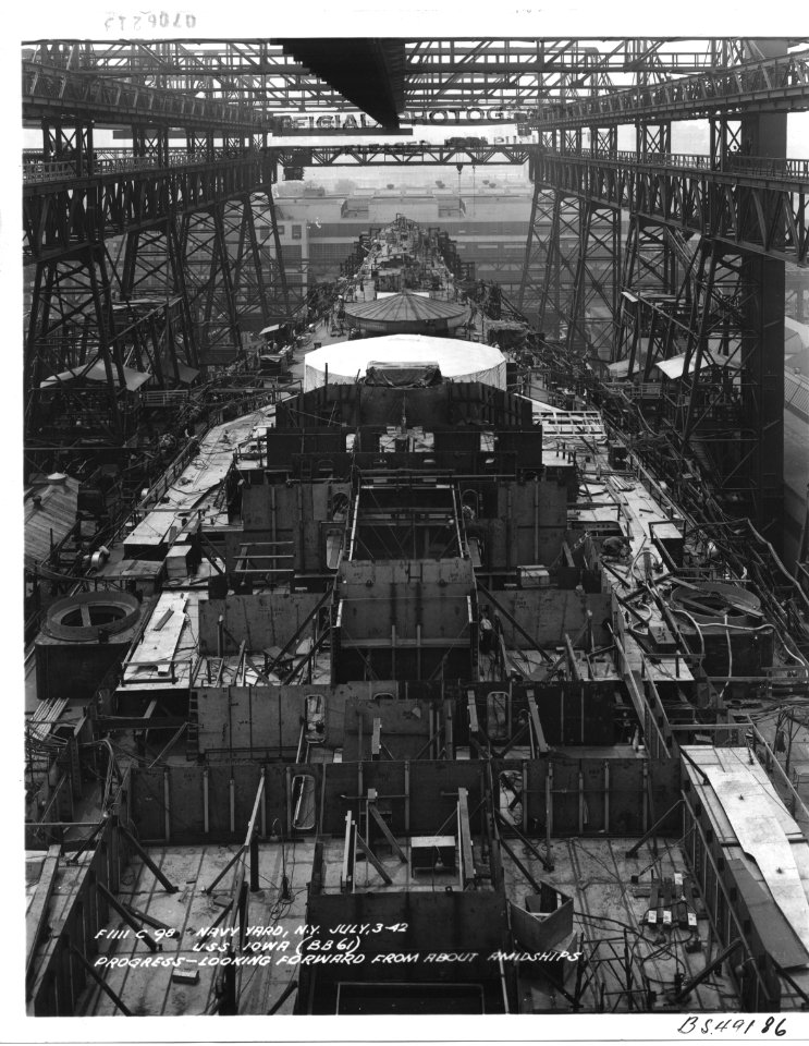 USS Iowa (BB61) in the New York Navy Yard Looking Forward from About Midship - NARA - 6003970