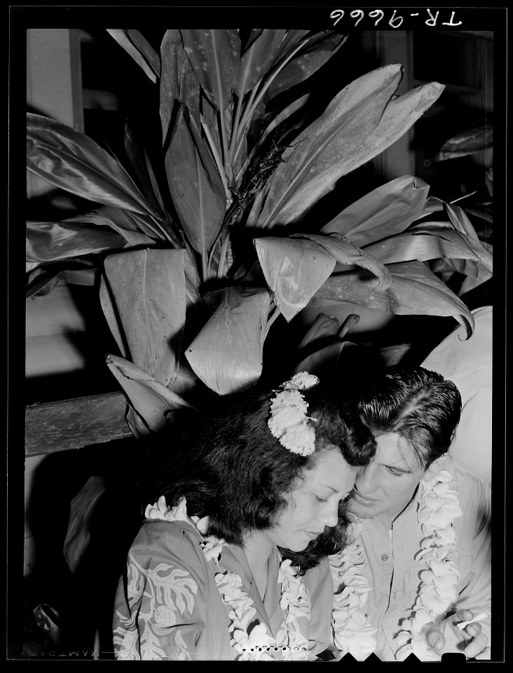 U.S. Navy pilot and date stand under tropical vegetation at Glen Innis Rest Home in New Zealand. - NARA - 520964