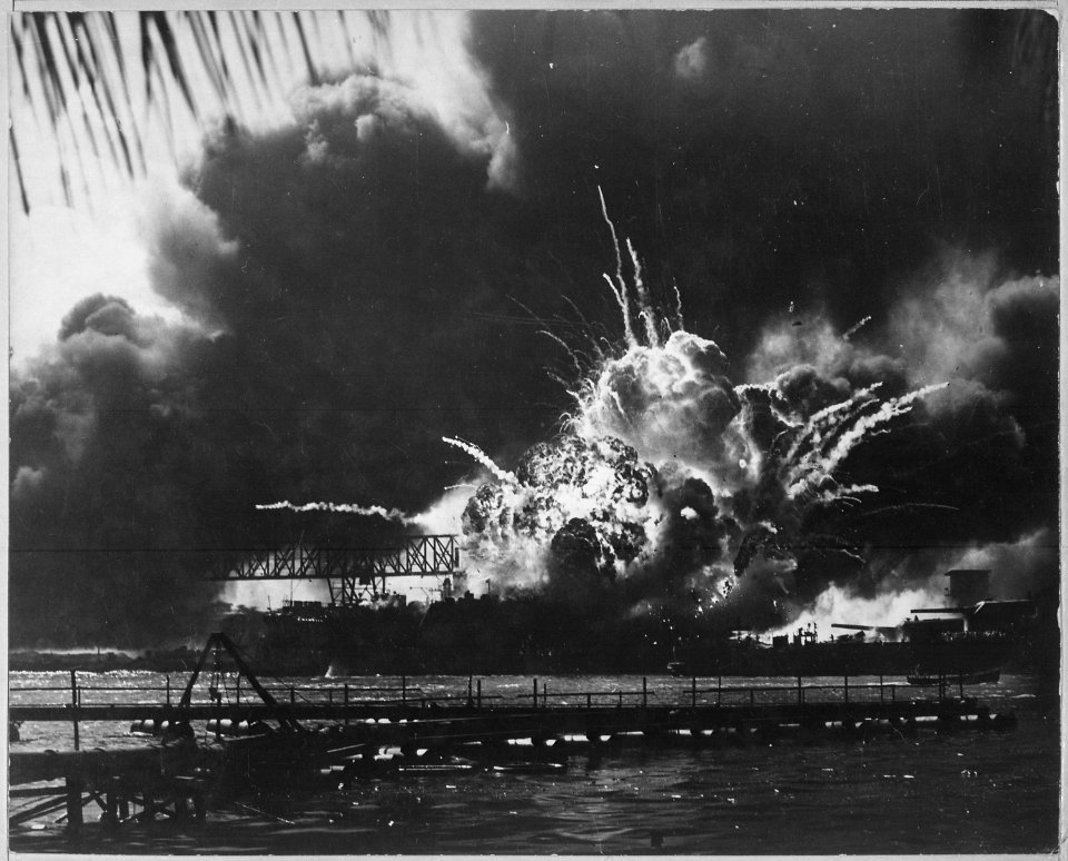 USS SHAW exploding during the Japanese raid on Pearl Harbor, T.H. - NARA - 520590