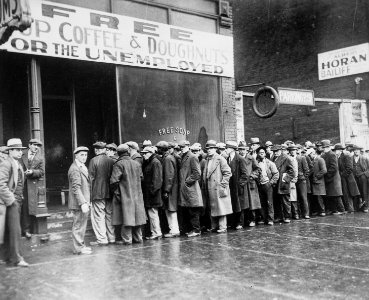 Unemployed men queued outside a depression soup kitchen opened in Chicago by Al Capone, 02-1931 - NARA - 541927 (cropped)