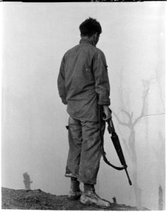 Vietnam....A member of the 5th Infantry Division (Mechanized) Looks out over the fog-shrouded A Shau Valley. - NARA - 531459 photo