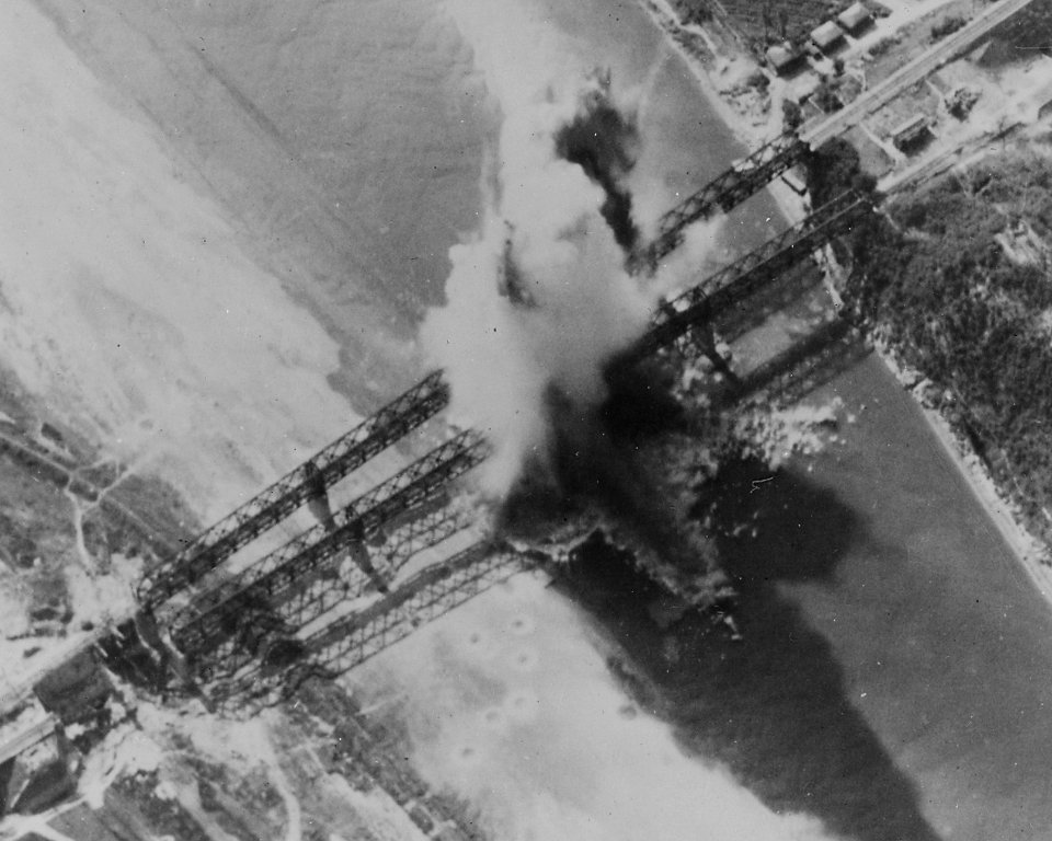 Two Probables. These railroad bridges cross Kum River about 10 miles north of Taejon. On near bridge, left approach... - NARA - 542200 (cropped)