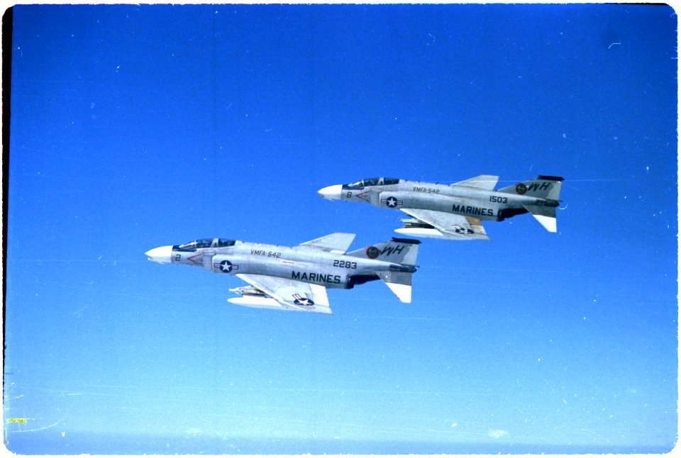 Vietnam. Two F-4b phantoms of VMFA-542, Marine Aircraft Group-11, 1st Marine Aircraft Wing, DaNang RVN, on their way... - NARA - 532496