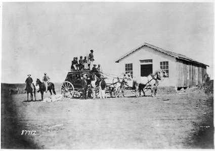 Typical stage of the Concord type used by express companies on the overland trails. Soldiers guard from atop, ca. 1869 - NARA - 530910