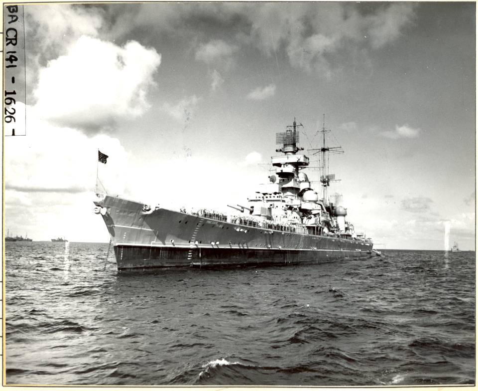 USS Prinz Eugen (IX 300) at sea, during Operation Crossroads. ¾ view, port forward. - NARA - 80-G-627444