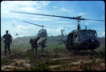 UH-1D helicopters airlift members of the 2nd Battalion, 14th Infantry Regiment from the Filhol Rubber Plantation area... - NARA - 530610