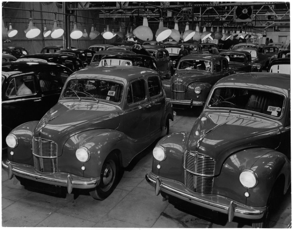 United Kingdom. Birmingham, England. Here, side by side in the Longbridge works, Birmingham, stand Austin A. 40s for... - NARA - 541769