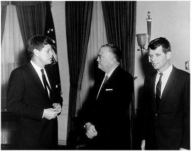 Visit of Attorney General and Director of FBI. President Kennedy, J.Edgar Hoover, Robert F. Kennedy. White House... - NARA - 194173 photo