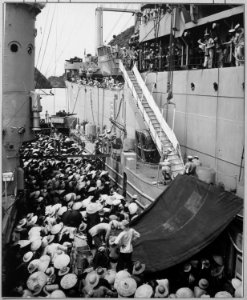Vietnam refugees. USS Montague lowers a ladder over the side to French LSM to take refugees aboard. Haiphong, August 195 - NARA - 521001