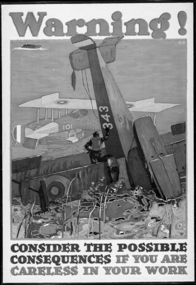 Warning^ Consider the Possible Consequences if You Are Careless in Your Work. Color poster by L.N. Britton., ca. 1917 - - NARA - 516339