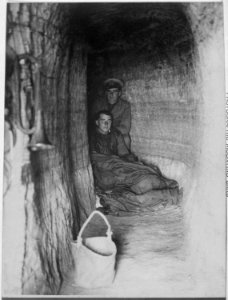 W. Beach. It was a terrible place to live on. Shells would fall all through the night. British troops in bombproof... - NARA - 533109