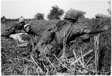 Vietnam....A soldier of the 1st Infantry Division motions to a woman refugee to keep her children's heads down during... - NARA - 531443