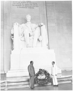 Visit of President Romulo Gallegos of Venezuela to the Lincoln Memorial. President Gallegos has just placed a wreath... - NARA - 199834 photo