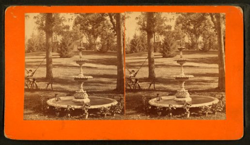 View of fountain, large house, girl in hammock, by Baldwin, Schuyler C. (Schuyler Colfax), 1823-1900