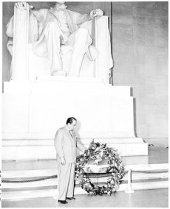 Visit of President Romulo Gallegos of Venezuela to the Lincoln Memorial. President Gallegos has just placed a wreath... - NARA - 199833 photo