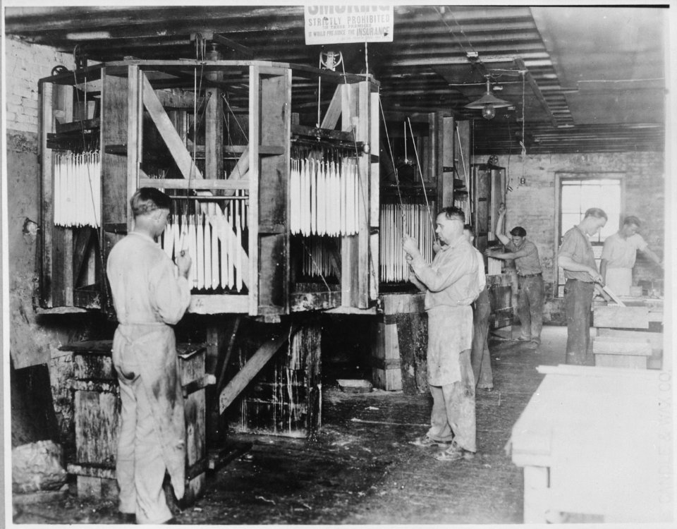 Workmen hand-dipping candles at the Saint Louis Candle and Wax Company, 1927 - NARA - 512799