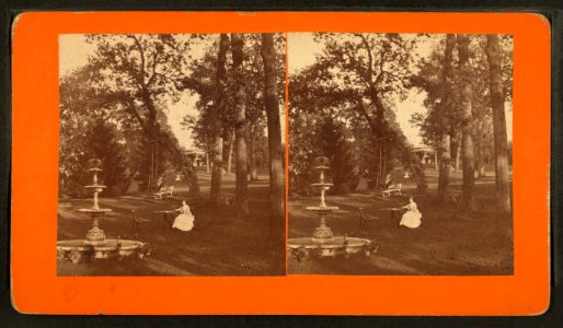 Woman seated at table with fountain, swing, and bench nearby, by Baldwin, Schuyler C. (Schuyler Colfax), 1823-1900