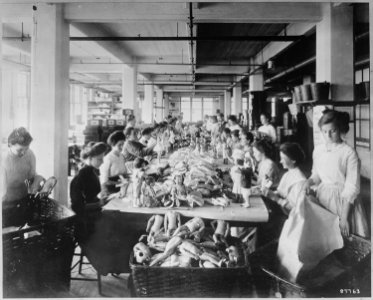 Women assembling dolls on a long worktable at the Shrenhat Toy Company, Philadelphia, 10-1912 - NARA - 523031
