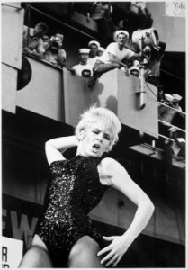 Watusi, Frug, Shimmy, Twist^ On a carrier^ It's swinging time on board Ticonderoga as Miss Joey Heatherton rocks out wit - NARA - 541853