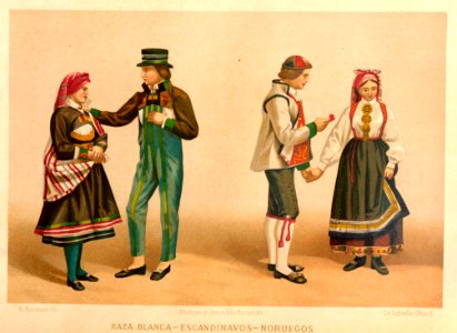 A044116 0476 aza blanca, escandinavos, noruegos Nueva geografía universal 1879 Norwegian folk costumes