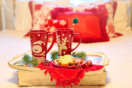 Hot chocolate cookies bed photo