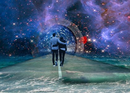 Futuristic spaceship travellers