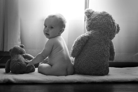 Teddy bear black and white baby photo