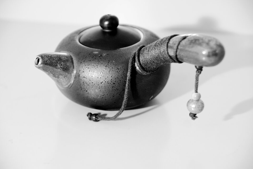 Japanese clay teapot tableware black and white photo