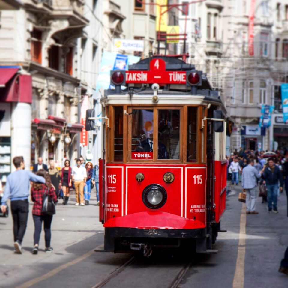 Tram red tram pedestrian street