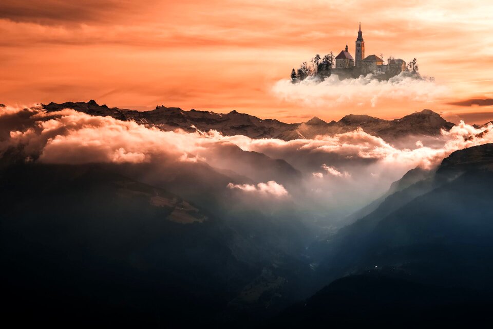 Flying city fantasy alpine panorama