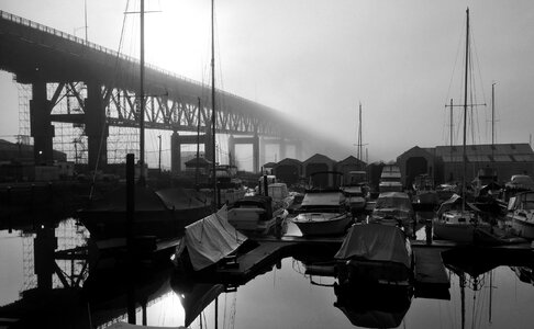 Fog boats gray bridge