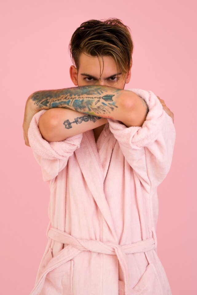 Person stylish pink robe
