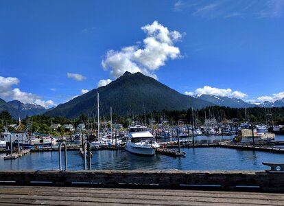 Boats water mountains photo