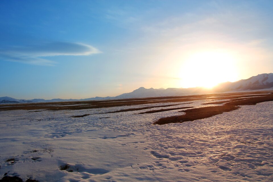 Snow mountain sunset blue sky