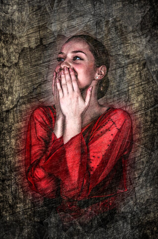 Textured hands up red top