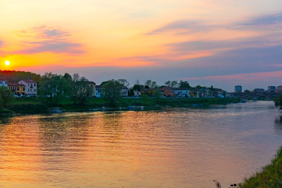 Covered bridge of pavia sunset the river ticino