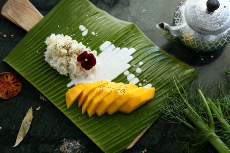 Coconut milk banana leave green rice photo