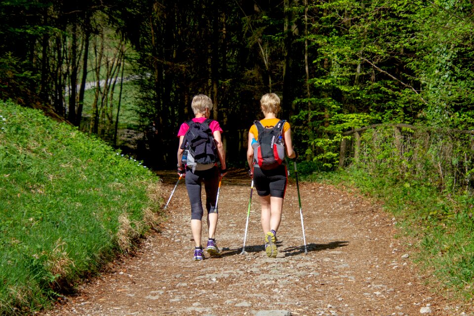 Girlfriends hike forest path