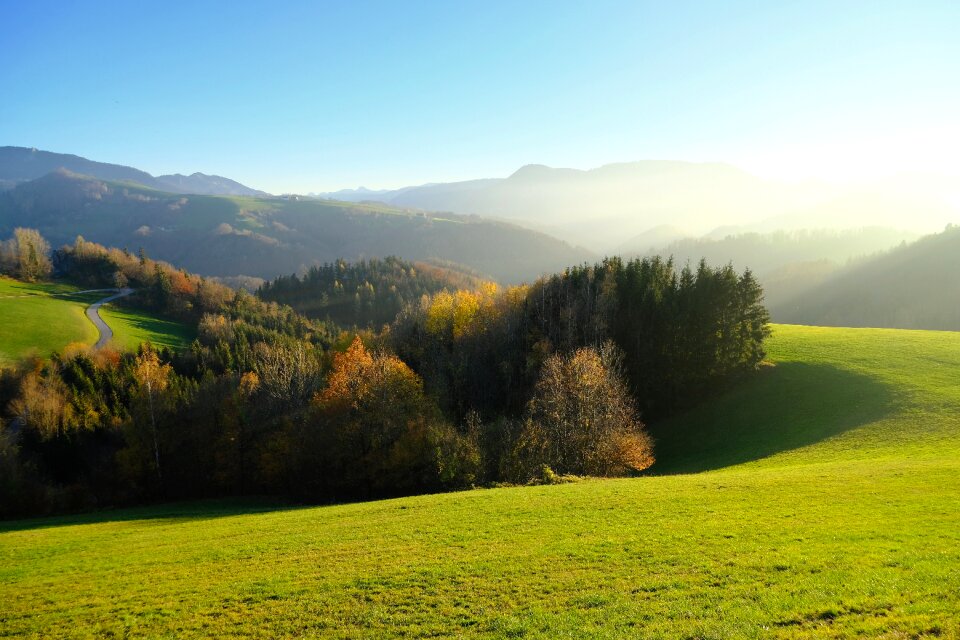 Autumn landscape fog evening light